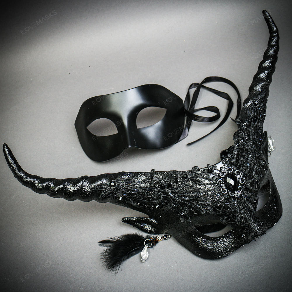 Venetian Classic Black Eye w/ Long Horns Elegant Devil Eye Black Couple Mask
